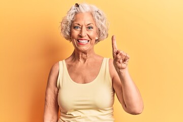 Senior grey-haired woman wearing casual clothes showing and pointing up with finger number one while smiling confident and happy.