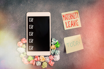 Conceptual hand writing showing Maternity Leave. Concept meaning a leave of absence for an...