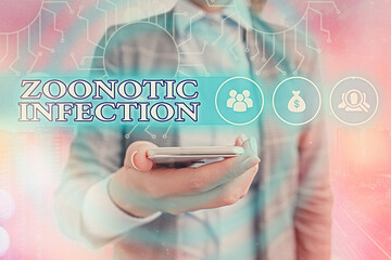 Writing note showing Zoonotic Infection. Business concept for communicable disease transmitted by a...