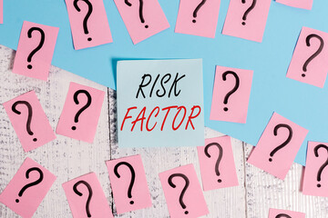 Word writing text Risk Factor. Business photo showcasing Characteristic that may increase the...