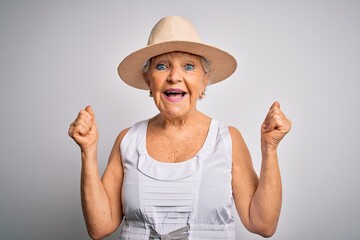 Obraz na płótnie Canvas Senior beautiful grey-haired woman on vacation wearing casual summer dress and hat celebrating surprised and amazed for success with arms raised and open eyes. Winner concept.