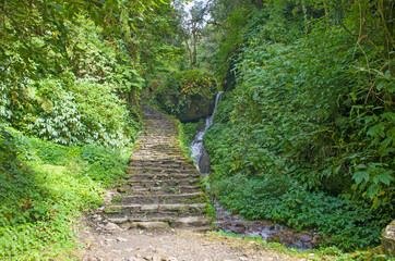 Obraz premium Waterfall in the tropical forest of the Himalayas in Nepal 