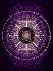 Vector illustration of Sacred geometry symbol on abstract background. Mystic sign drawn in lines. Image in purple color.