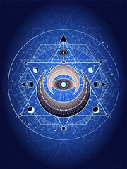 Vector illustration of Sacred geometry symbol on abstract background. Mystic sign drawn in lines. Image in blue color.