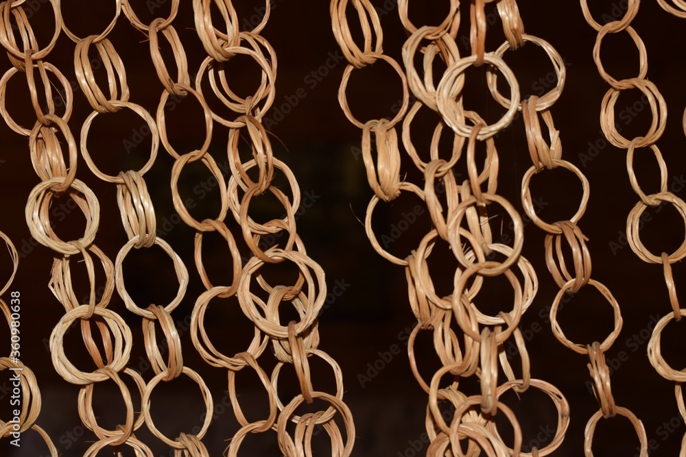 Poster closeup shot of chains made of straw circles on a dark background