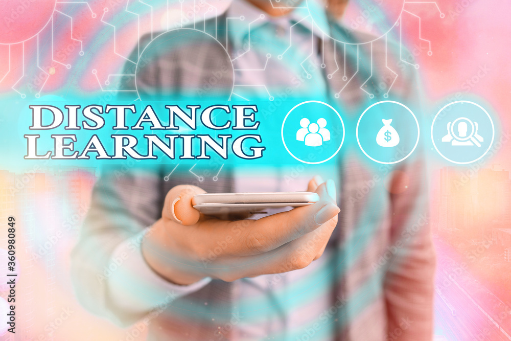 Poster writing note showing distance learning. business concept for educational lectures broadcasted over t