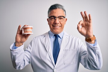 Middle age handsome grey-haired dentist man holding plastic teeth over white background doing ok sign with fingers, excellent symbol