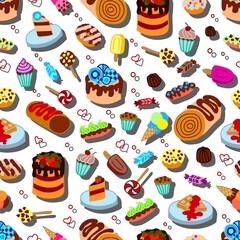 Seamless pattern with hand drawn sweets, cakes, waffles, candies, donuts. Doodle. Vector illustration. eps 10