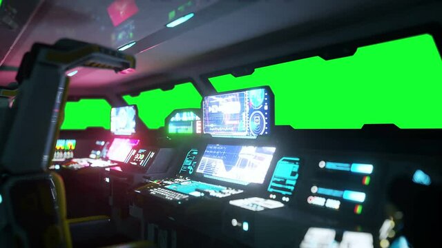 space ship futuristic interior. Cabine view. Green screen footage.