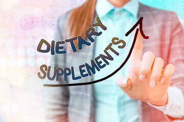 Word writing text Dietary Supplements. Business photo showcasing product intended to supplement the...
