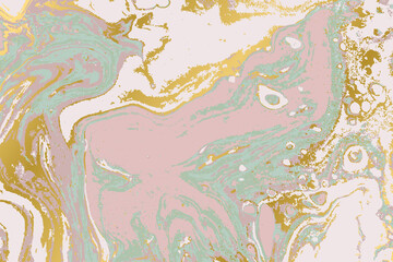 Pink, green and gold agate ripplle pattern. Light marble background.
