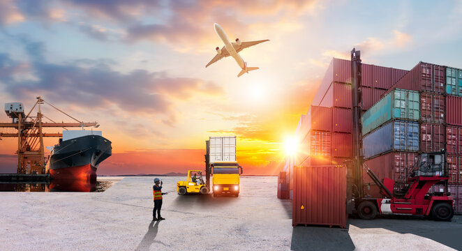 Foreman control and check list with walky-talky for loading Containers box to truck, Container ship in import export and business logistic. Trade Port. Shipping, cargo to harbor Business logistics