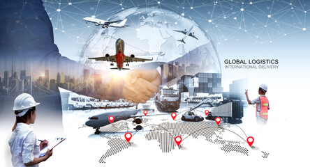 Global business of Container Cargo freight train for Business logistics concept, Air cargo trucking, Rail transportation and maritime shipping, Online goods orders worldwide