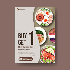 Poster template with healthy and organic food design for banner,brochure,leaflet and advertisement watercolor vector illustration