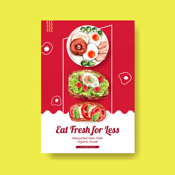 Poster Template With Healthy And Organic Food Design For Banner,brochure,leaflet And Advertisement Watercolor Vector Illustration