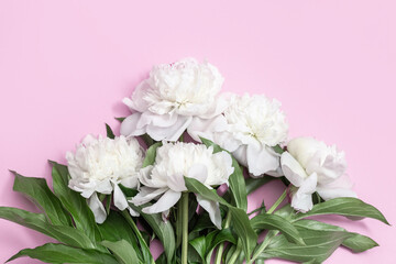 Bouquet of white peonies flower on pink background with copy space. Postcard for mothers day, womens day, wedding invitation card.