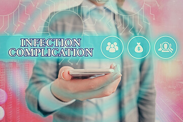 Writing note showing Infection Complication. Business concept for unwanted reaction resulted from...
