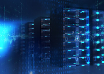 Corridor of  server room with server racks in datacenter. 3d illustration