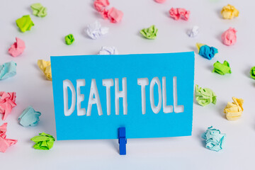 Writing note showing Death Toll. Business concept for the number of deaths resulting from a...
