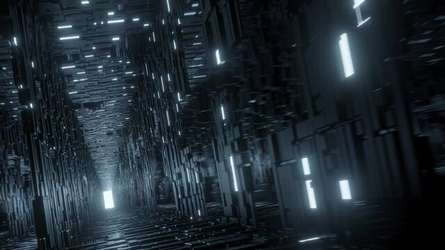 Endless looping. Futuristic spaceship hallway. Unexplained computer server farm. Distant glowing entrance portal. Spaceflight to inner core. Unknown alien subway. Faded blue glowing led lights.