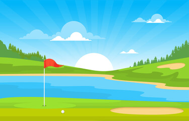 Obraz na płótnie Canvas Golf Field Flag Pond Grass Tree Outdoor Sport Landscape