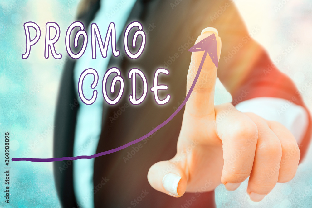 Poster writing note showing promo code. business concept for letters or numbers that allows getting a disco