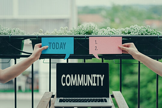 Conceptual hand writing showing Community. Concept meaning group of showing with a common characteristics living together Empty bubble chat sticker mock up emphasizing personal idea