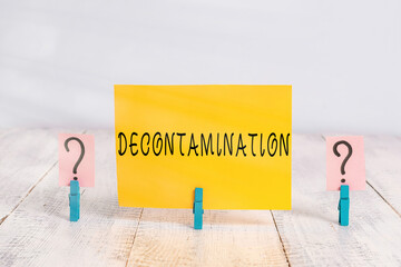 Conceptual hand writing showing Decontamination. Concept meaning neutralizing every presence of...