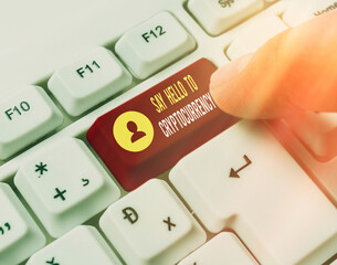 Word writing text Say Hello To Cryptocurrency. Business photo showcasing Lead and advertise...