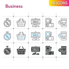 business icon set. included online shop, sale, money, shopping-basket, stopwatch, shopping basket icons on white background. linear, bicolor, filled styles.
