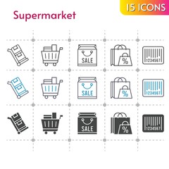 supermarket icon set. included shopping bag, shopping cart, barcode, trolley icons on white background. linear, bicolor, filled styles.