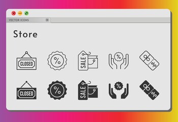store icon set. included shopping bag, closed, discount icons on white background. linear, filled styles.