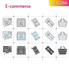 e-commerce icon set. included online shop, shop, discount, shopping-basket, shopping basket, trolley icons on white background. linear, bicolor, filled styles.