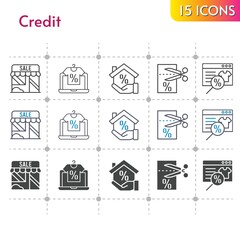 credit icon set. included online shop, shop, mortgage, voucher icons on white background. linear, bicolor, filled styles.