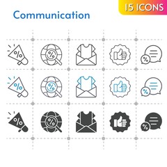 communication icon set. included megaphone, newsletter, like, chat, internet icons on white background. linear, bicolor, filled styles.