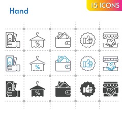 hand icon set. included handshake, wallet, money, towel, like icons on white background. linear, bicolor, filled styles.