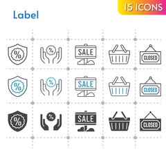 label icon set. included sale, warranty, discount, closed, shopping-basket, shopping basket icons on white background. linear, bicolor, filled styles.
