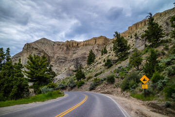 A long way down the road of Yellowstone National Park, Wyoming