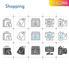shopping icon set. included shopping bag, sale, shop, price tag icons on white background. linear, bicolor, filled styles.