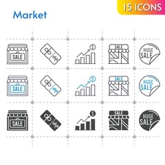 market icon set. included profits, sale, shop, discount icons on white background. linear, bicolor, filled styles.
