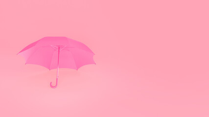 Umbrella lying on the floor. Pink minimal background with copy space. Weather concept. 3D rendering image.