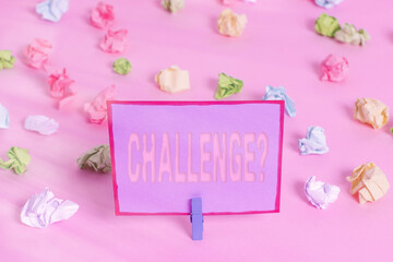 Writing note showing Challenge Question. Business concept for Invitation to engage in a race in...