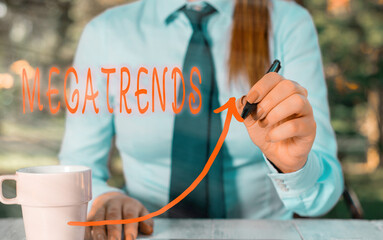 Text sign showing Megatrends. Business photo text global patterns related to behavior mobility and...