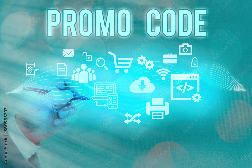 Poster text sign showing promo code. business photo text letters or numbers that allows getting a discount 