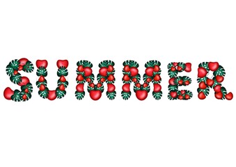 Word summer made from monstera leaves and cherry berries