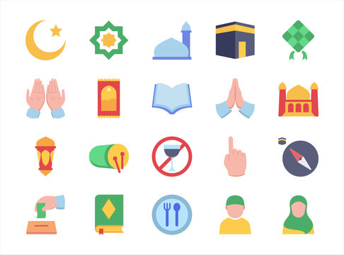 Moslem Icon Set Mosque Praying Hand Mosque Crescent Moon Rug Fasting Lantern Apologize Filled Color Style Flat Design.