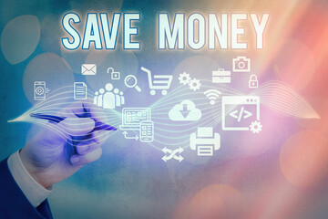 Text sign showing Save Money. Business photo text to budget or put money aside for the future or emergency Information digital technology network connection infographic elements icon