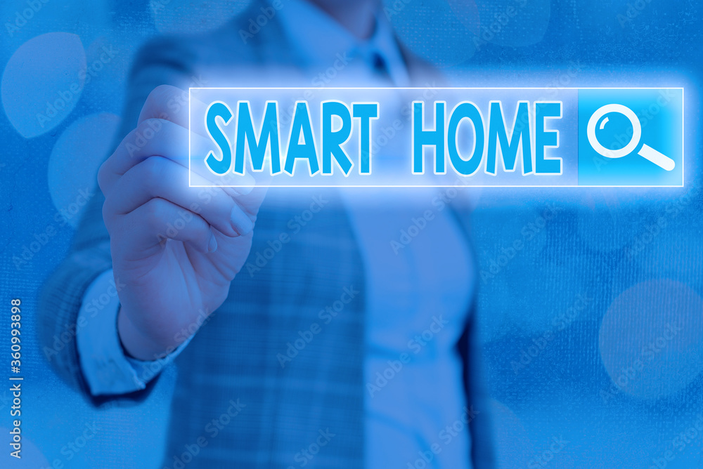 Poster writing note showing smart home. business concept for equipped home can be controlled remotely by ph