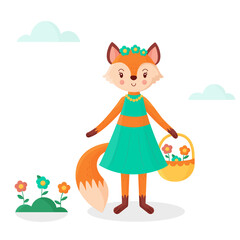 Cute cartoon fox holding basket with flowers.
