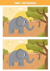 Find five differences between the pictures. Cartoon Elephant.
